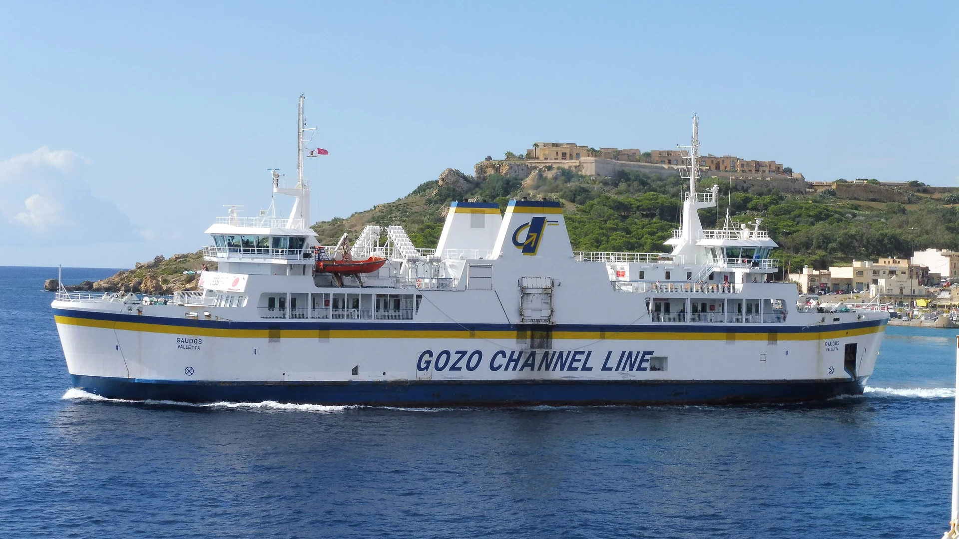 A Gozo Channel Line ferry leaving Mġarr harbour on the crossing between Malta and Gozo