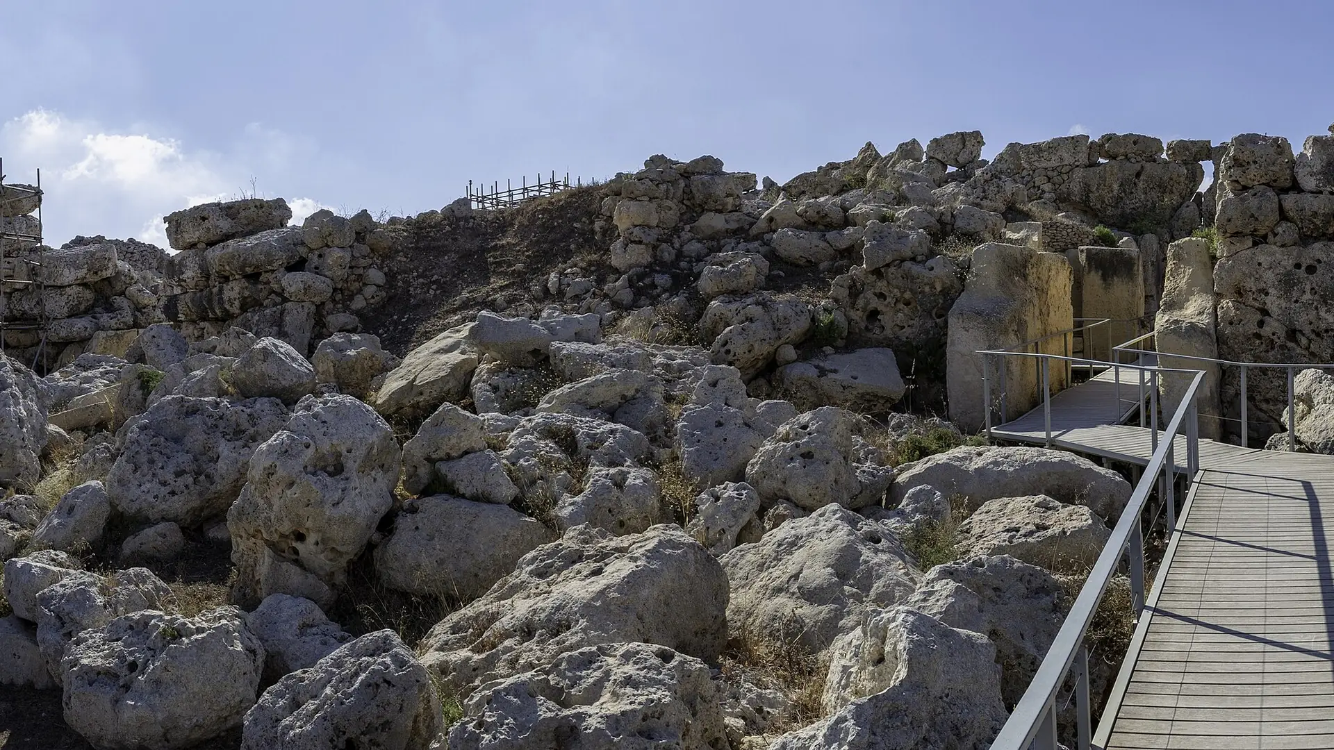 The massive ancient limestone walls of the Ġgantija megalithic temples in Xagħra, Gozo