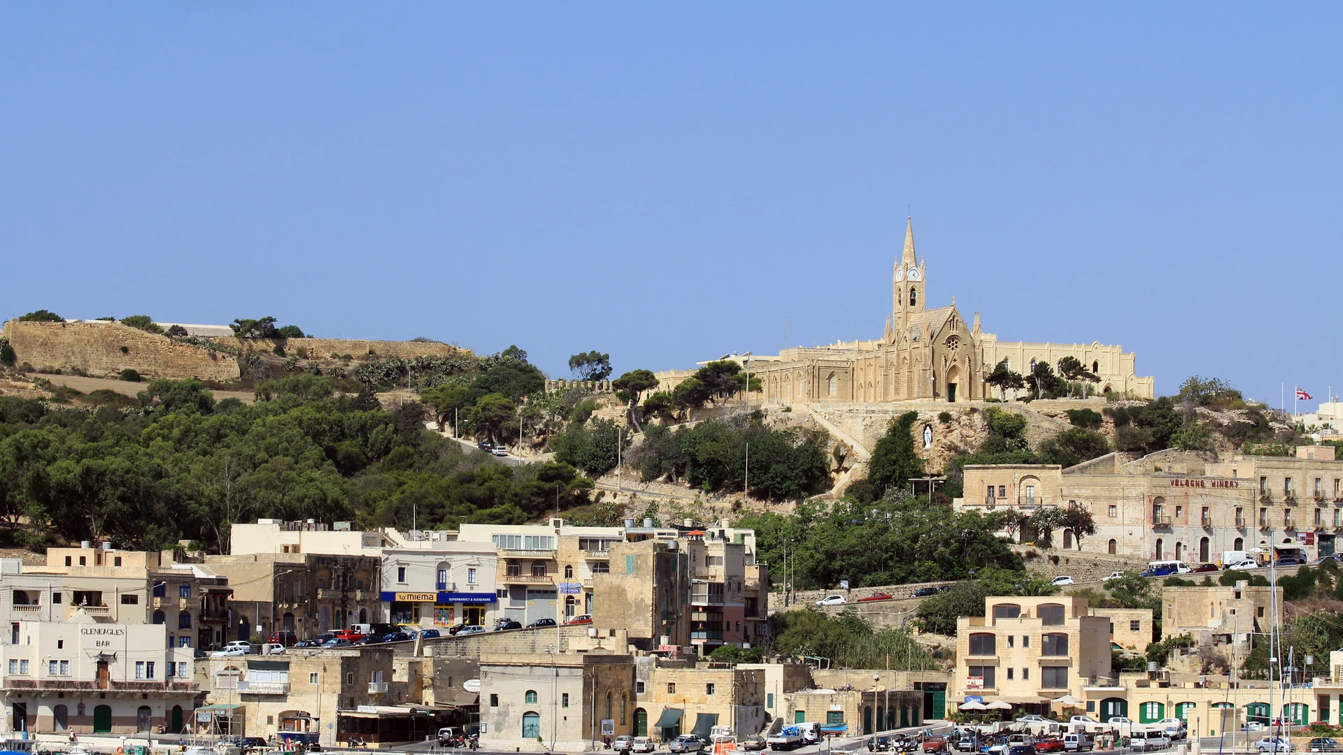 The Our Lady of Lourdes church on the hill above Mġarr harbour, the ferry gateway to Gozo