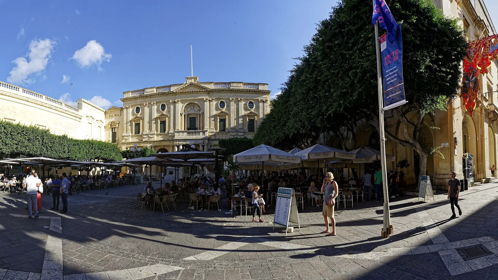 Café terraces on Republic Square in Valletta, Malta's capital and winter city-break base