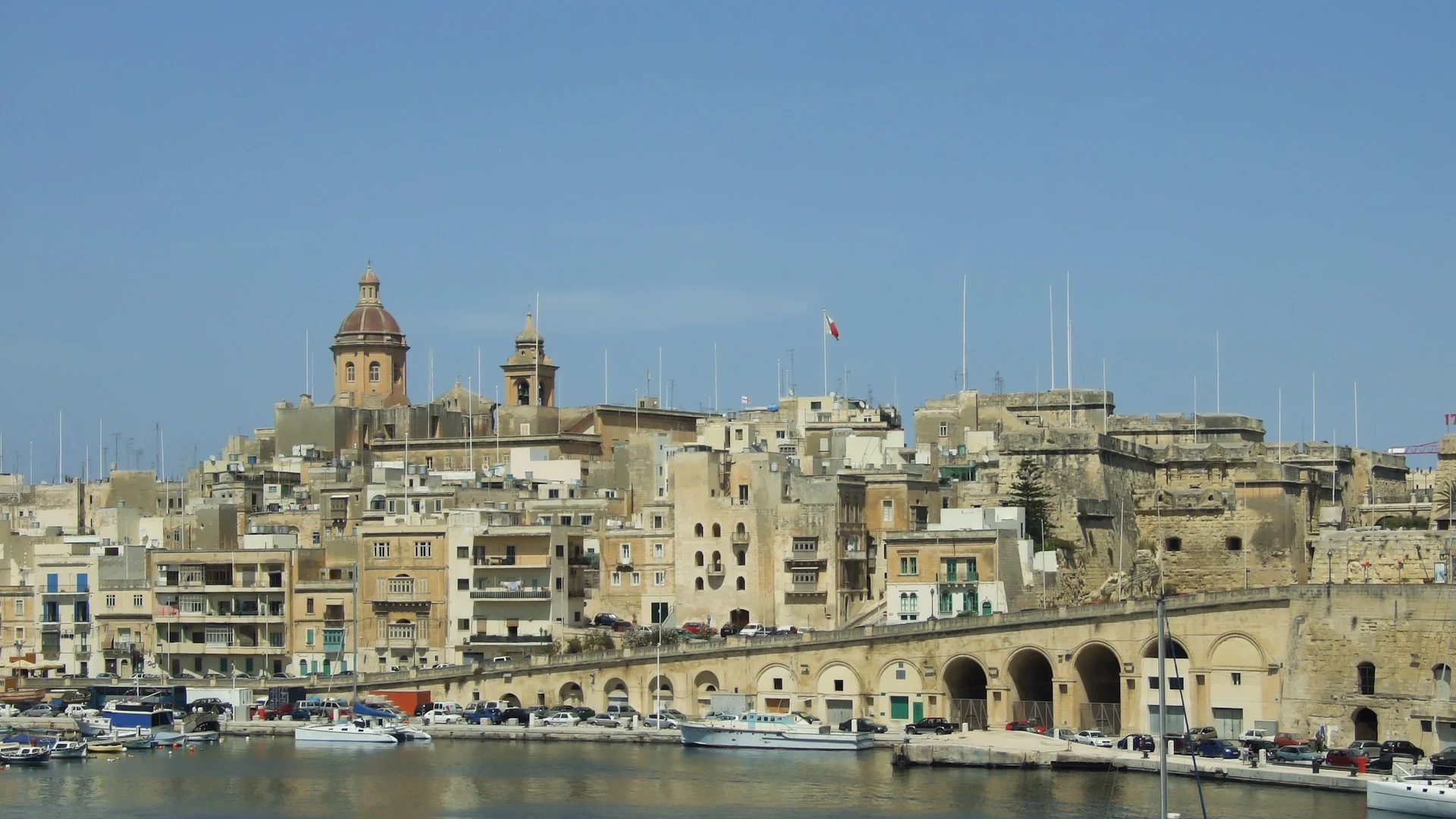The waterfront and fortifications of Birgu (Vittoriosa) across the Grand Harbour, Malta