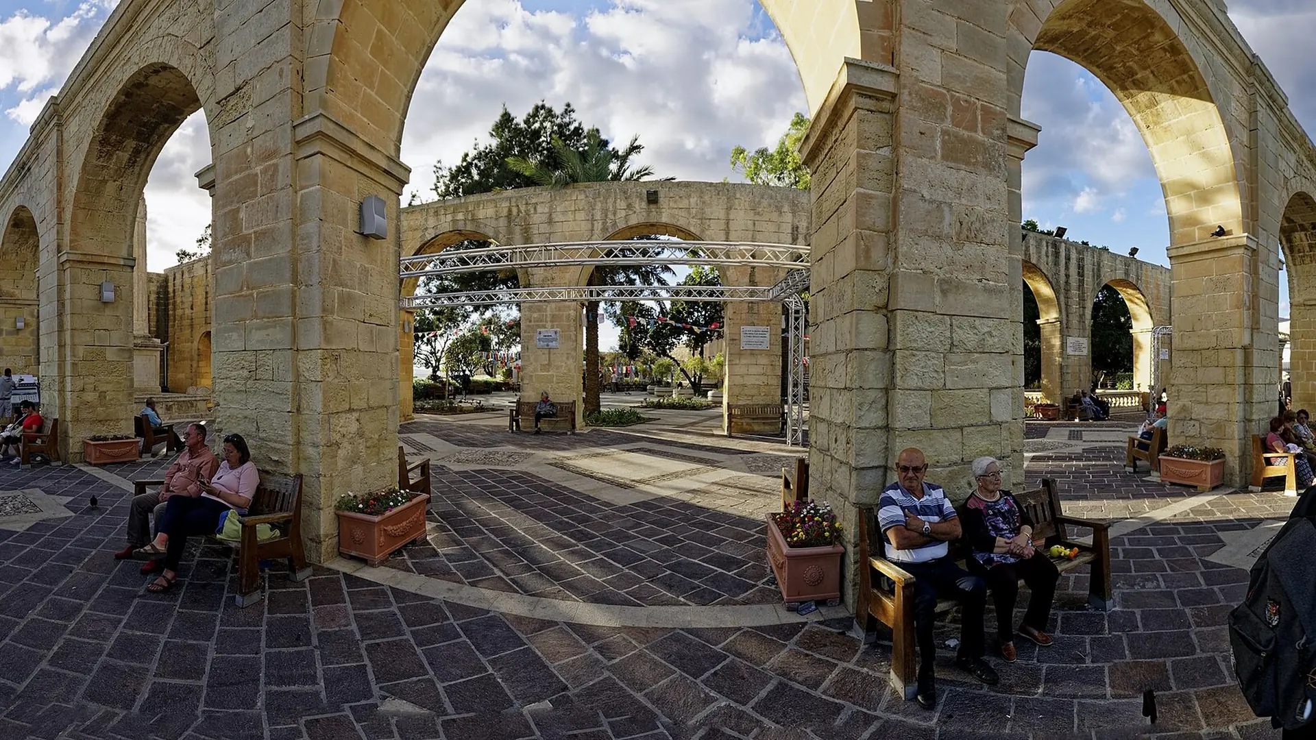 The terraced arches of the Upper Barrakka Gardens in Valletta overlooking the Grand Harbour and the Three Cities, Malta